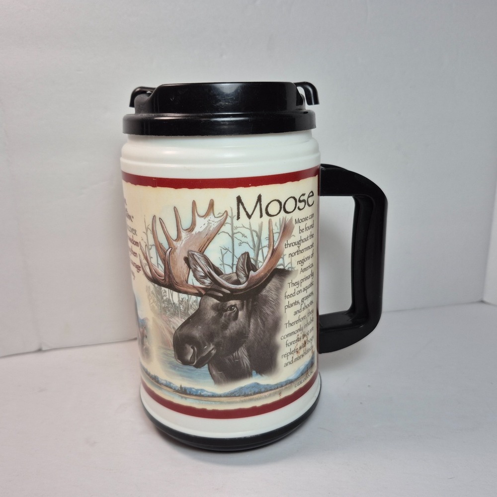 Vtg Moose Outdoors Travel Mug Tumbler Thermos Whirley USA Bull Moose Calf